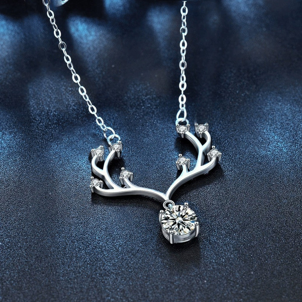 Antler Round Moissanite Necklace with CZ in White Gold-Plated S925 sterling silver blue display scene showing chain and stone layout