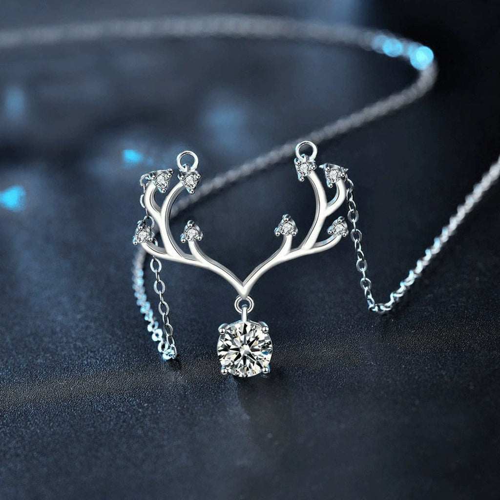 Antler Round Moissanite Necklace with CZ in White Gold-Plated S925 sterling silver angled product detail view