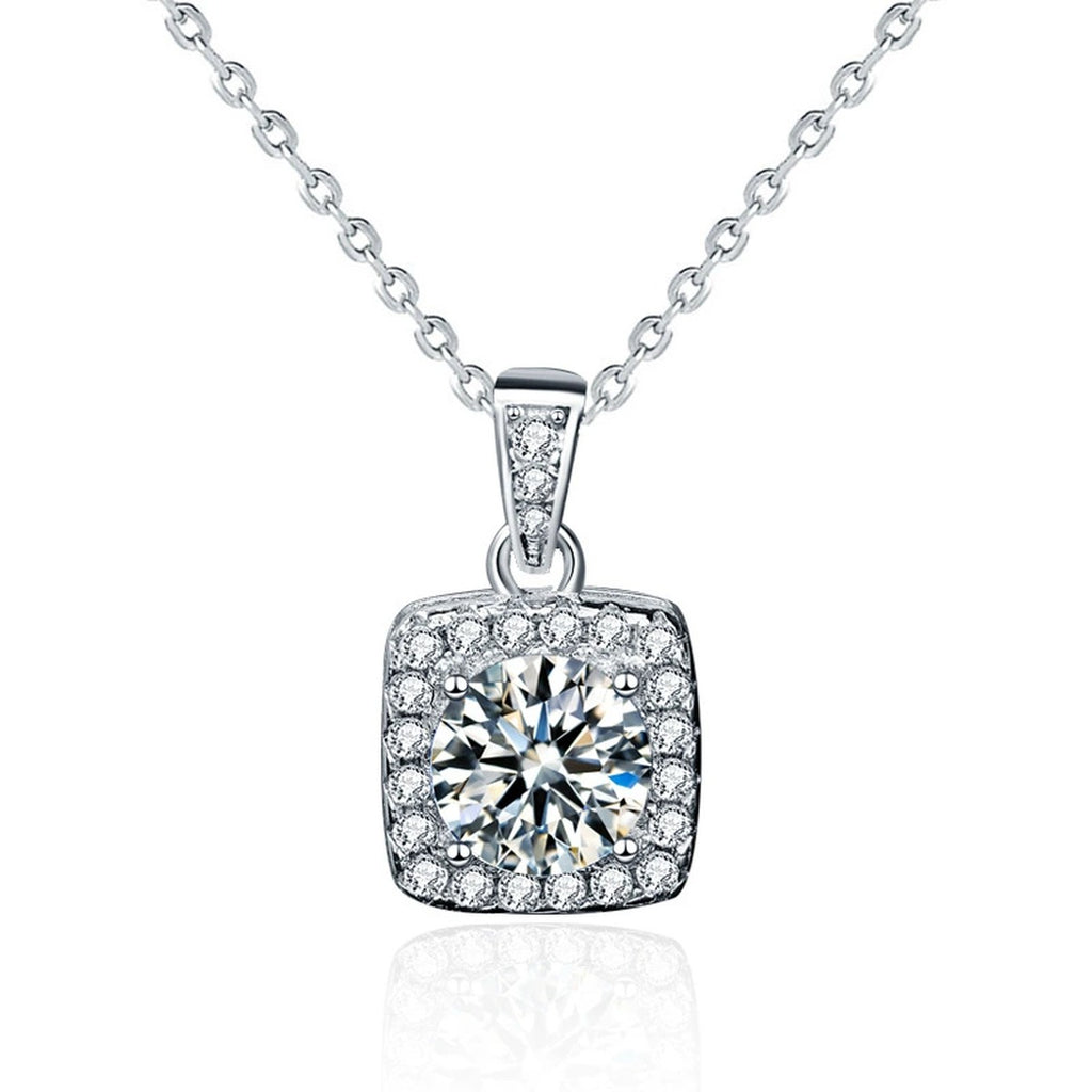 Sugar Cube Round Moissanite Necklace with CZ in White Gold-Plated S925 sterling silver white background product photo showing square sugar-cube halo pendant with round moissanite center