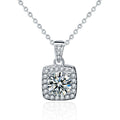 Sugar Cube Round Moissanite Necklace with CZ in White Gold-Plated S925 sterling silver white background product photo showing square sugar-cube halo pendant with round moissanite center