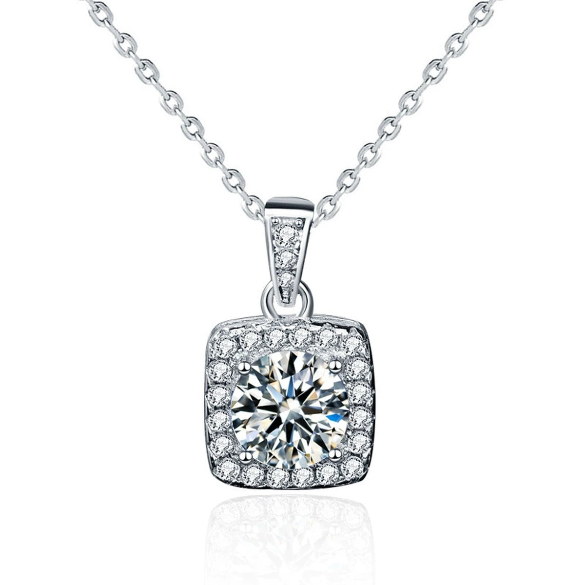Sugar Cube Round Moissanite Necklace with CZ in White Gold-Plated S925 sterling silver white background product photo showing square sugar-cube halo pendant with round moissanite center