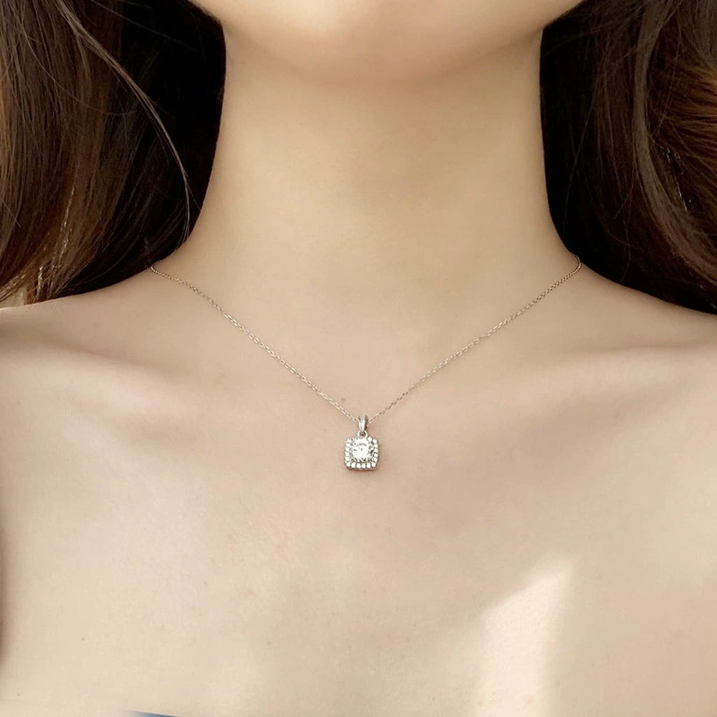 Sugar Cube Round Moissanite Necklace with CZ in White Gold-Plated S925 sterling silver neckline model view showing pendant scale and chain length