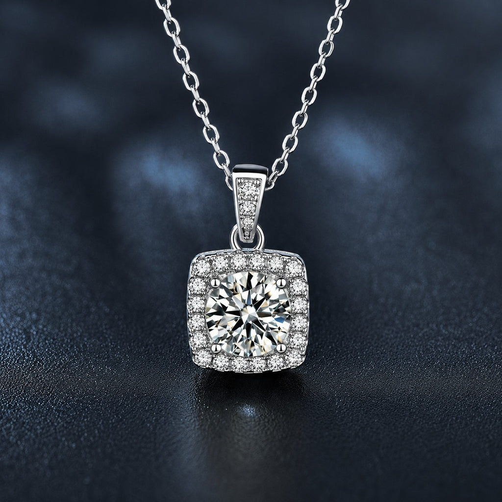 Sugar Cube Round Moissanite Necklace with CZ in White Gold-Plated S925 sterling silver close-up product scene showing pendant setting
