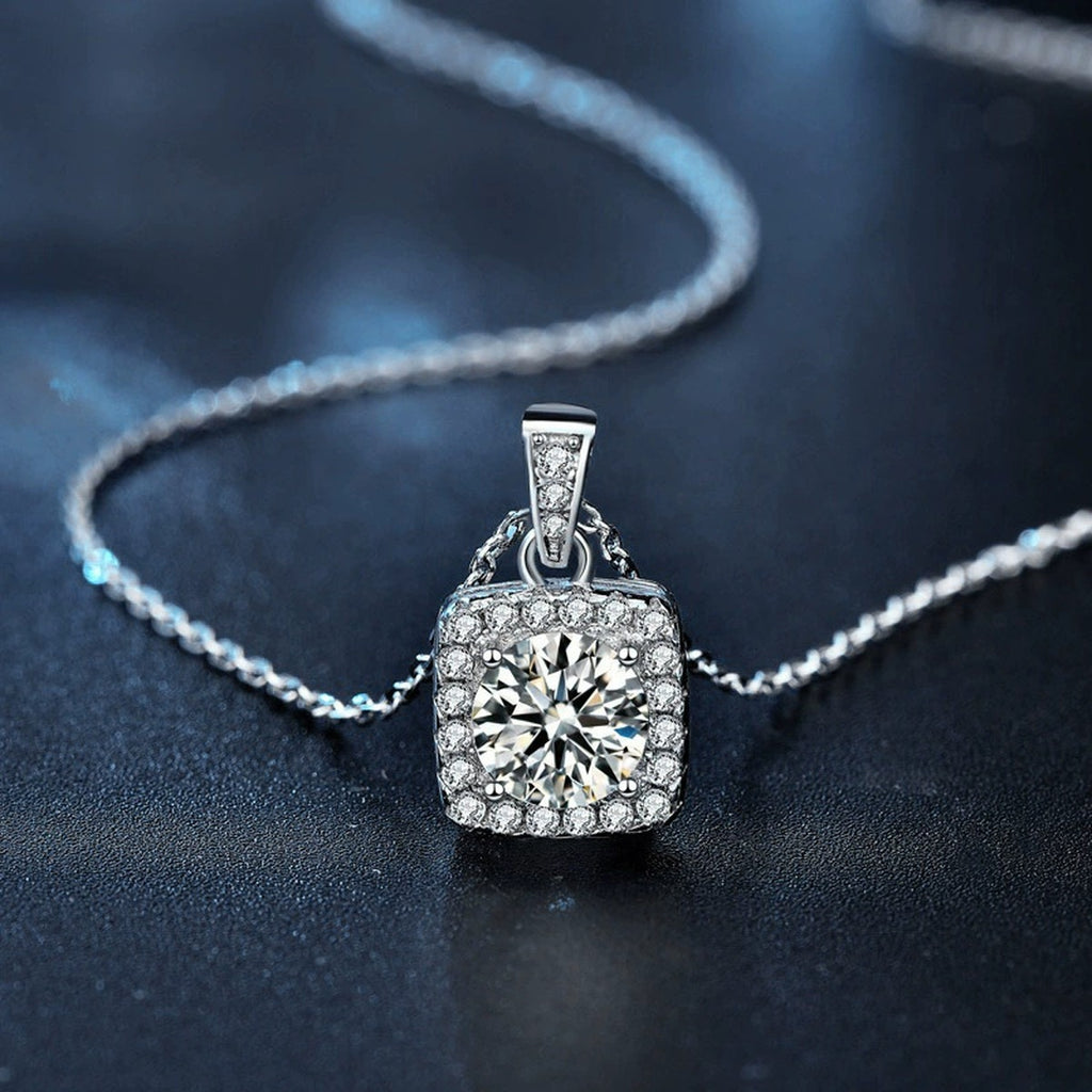 Sugar Cube Round Moissanite Necklace with CZ in White Gold-Plated S925 sterling silver blue display scene showing chain and stone layout