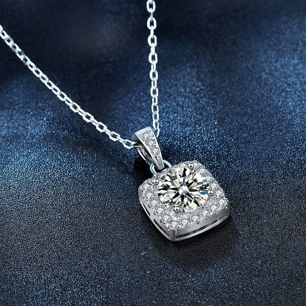 Sugar Cube Round Moissanite Necklace with CZ in White Gold-Plated S925 sterling silver angled product detail view