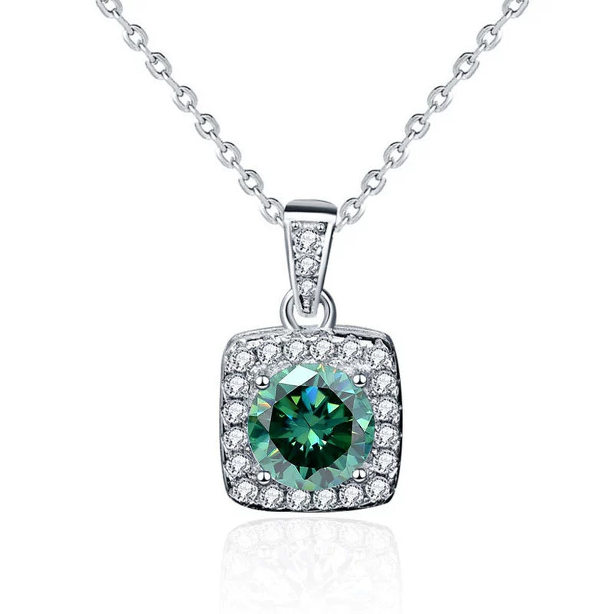 Green Round Moissanite Square Halo Necklace with CZ in White Gold-Plated S925 sterling silver white background front product view showing green round moissanite framed by a sculptural square halo