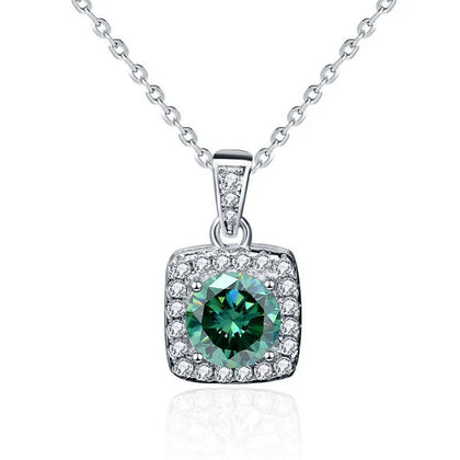 Green Round Moissanite Square Halo Necklace with CZ in White Gold-Plated S925 sterling silver white background front product view showing green round moissanite framed by a sculptural square halo