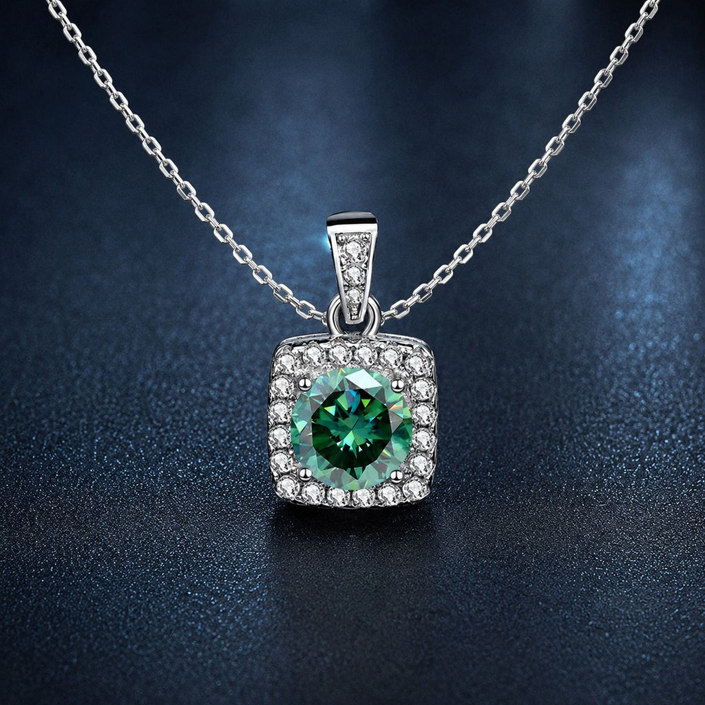 Green Round Moissanite Square Halo Necklace with CZ in White Gold-Plated S925 sterling silver close-up styled product scene showing pendant setting