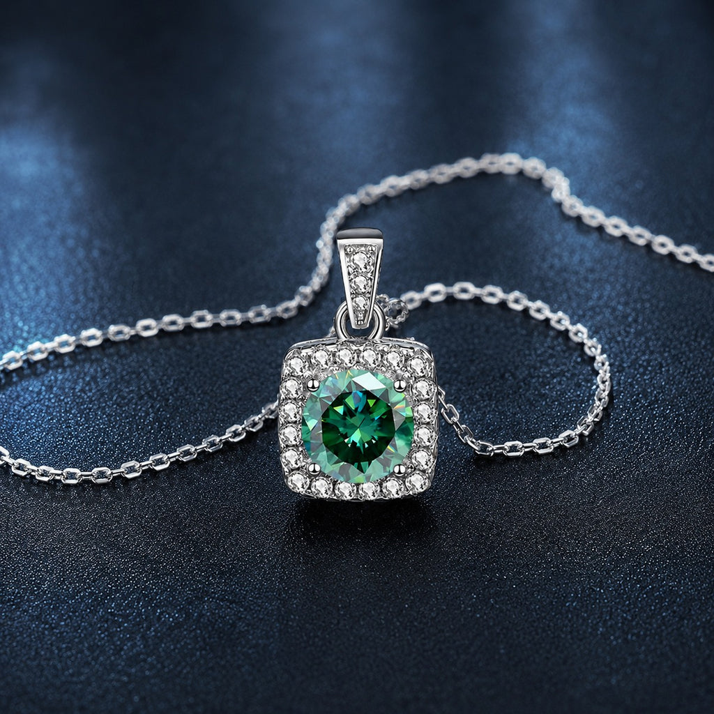Green Round Moissanite Square Halo Necklace with CZ in White Gold-Plated S925 sterling silver display scene showing chain and stone layout