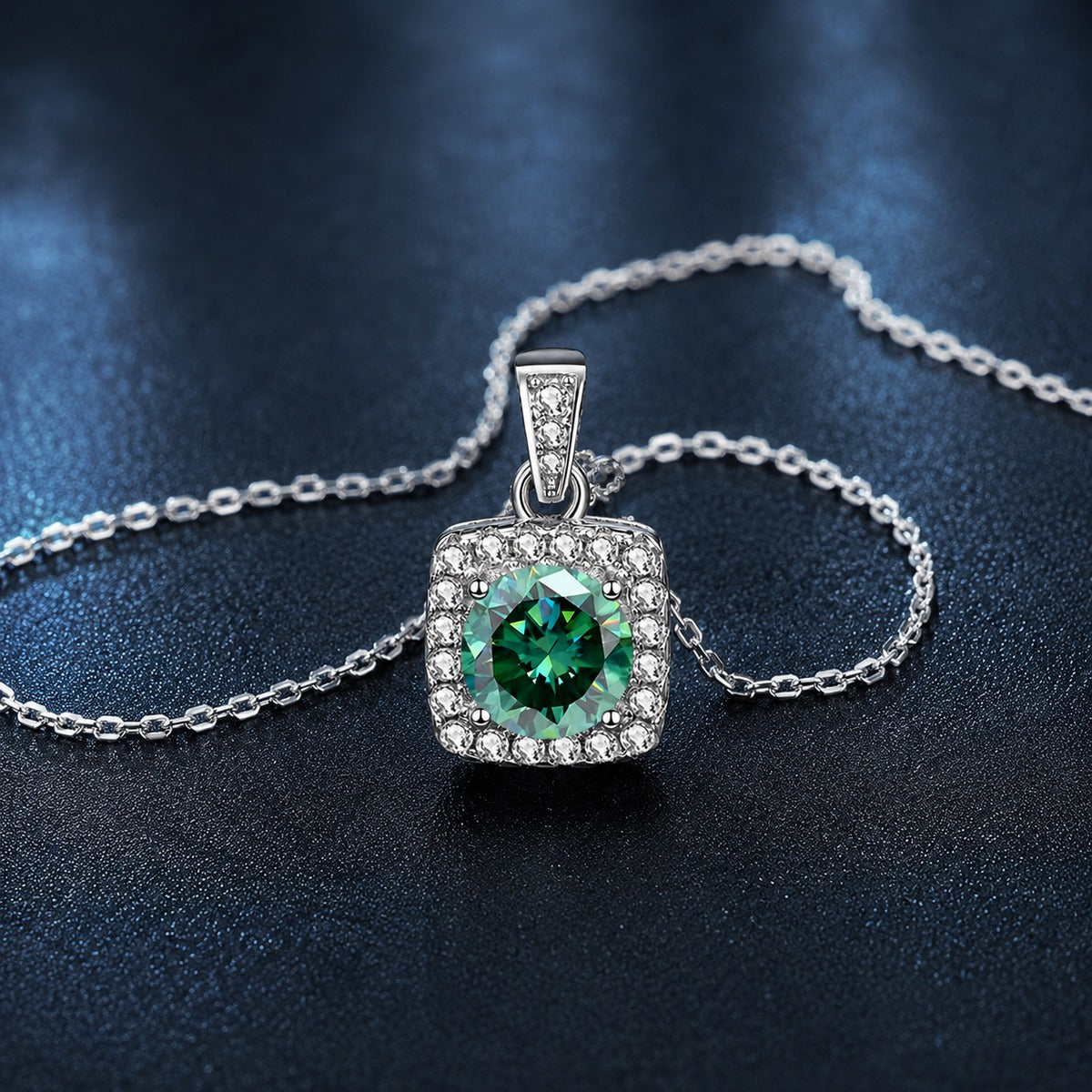 Green Round Moissanite Square Halo Necklace with CZ in White Gold-Plated S925 sterling silver display scene showing chain and stone layout