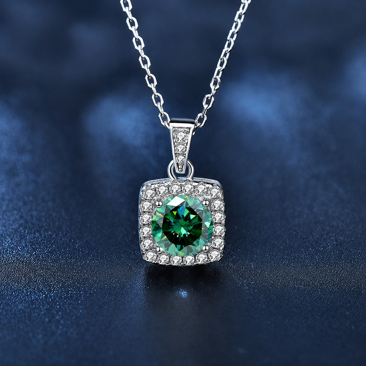 Green Round Moissanite Square Halo Necklace with CZ in White Gold-Plated S925 sterling silver angled product detail view