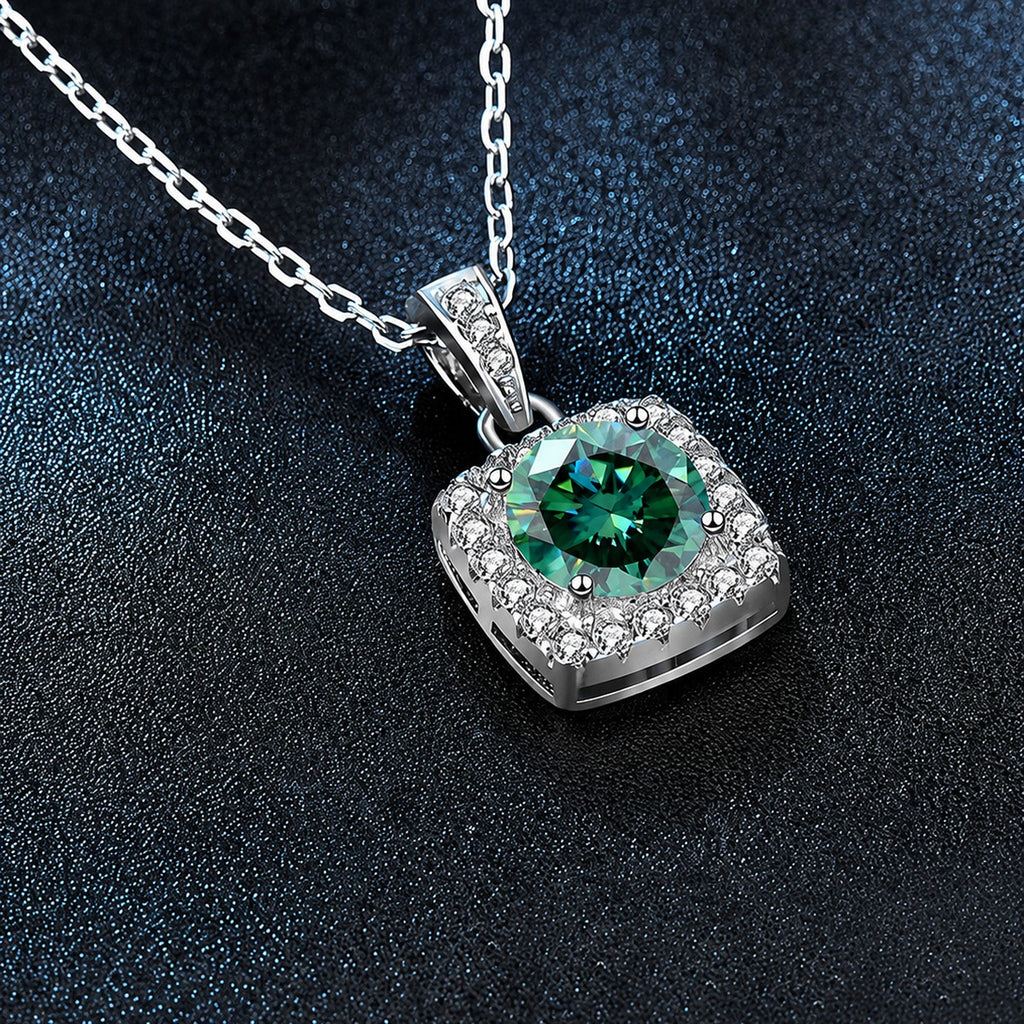 Green Round Moissanite Square Halo Necklace with CZ in White Gold-Plated S925 sterling silver additional product styling view