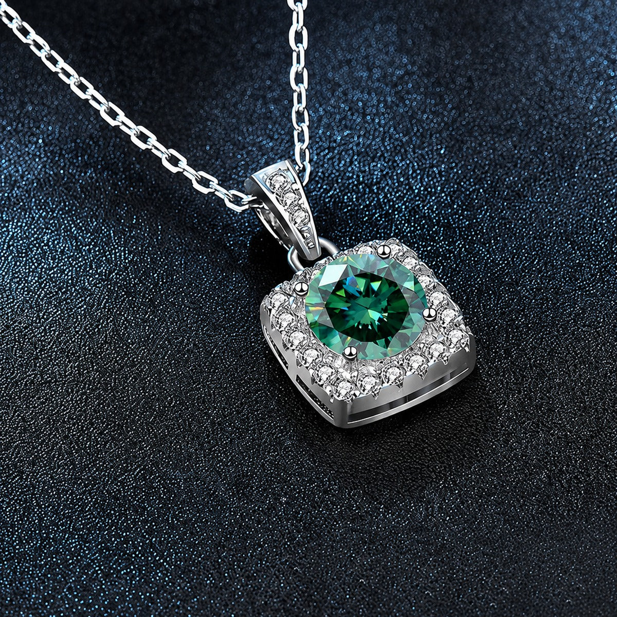 Green Round Moissanite Square Halo Necklace with CZ in White Gold-Plated S925 sterling silver additional product styling view