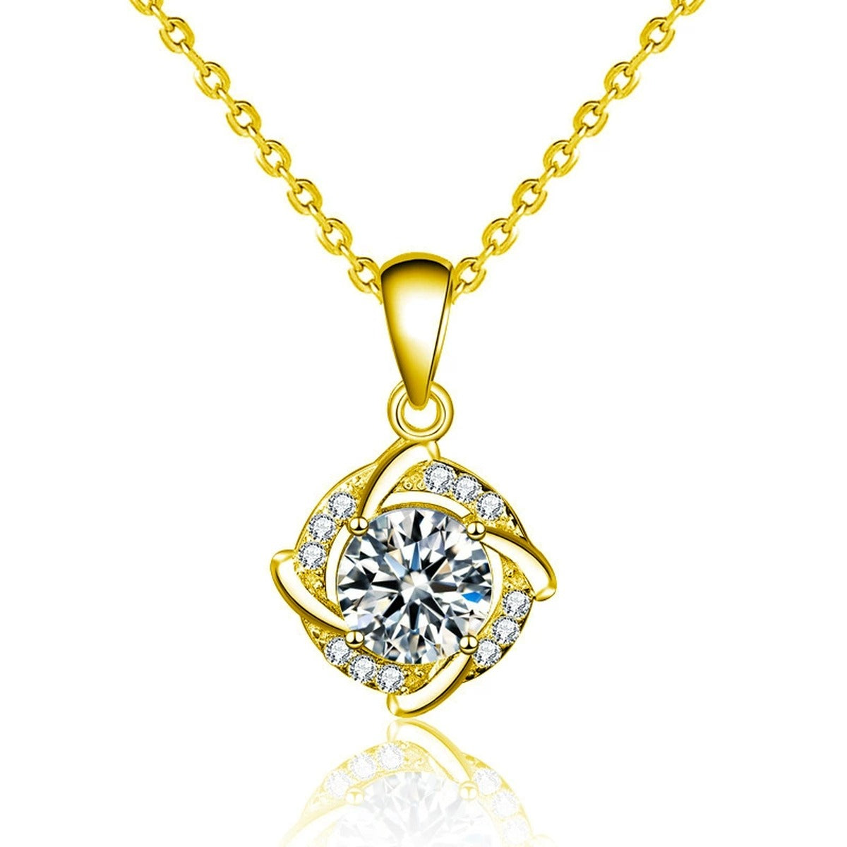 Pinwheel Round Moissanite Necklace with CZ in Gold-Plated S925 sterling silver white background product photo showing pinwheel pendant offered in yellow gold and white gold plating with round moissanite