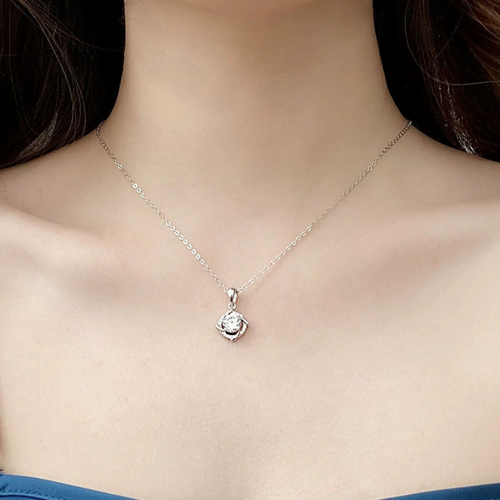 Pinwheel Round Moissanite Necklace with CZ in Gold-Plated S925 sterling silver neckline model view showing pendant scale and chain length