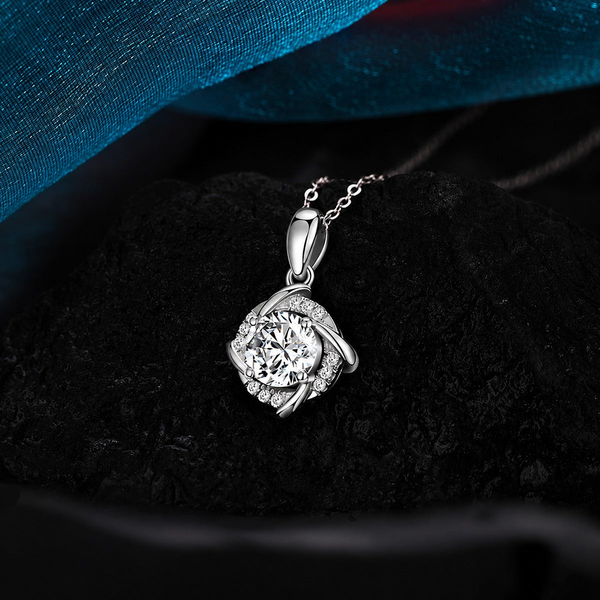 Pinwheel Round Moissanite Necklace with CZ in Gold-Plated S925 sterling silver blue display scene showing chain and stone layout