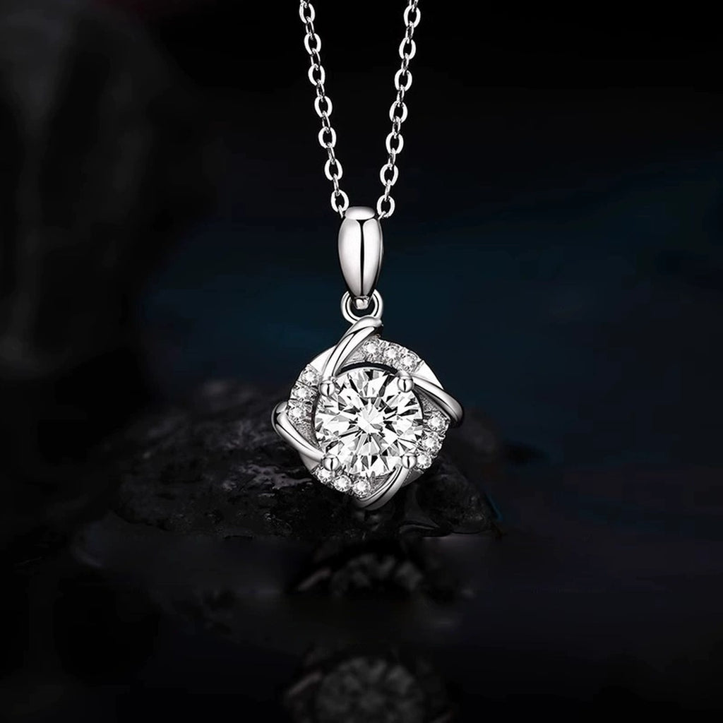 Pinwheel Round Moissanite Necklace with CZ in Gold-Plated S925 sterling silver angled product detail view