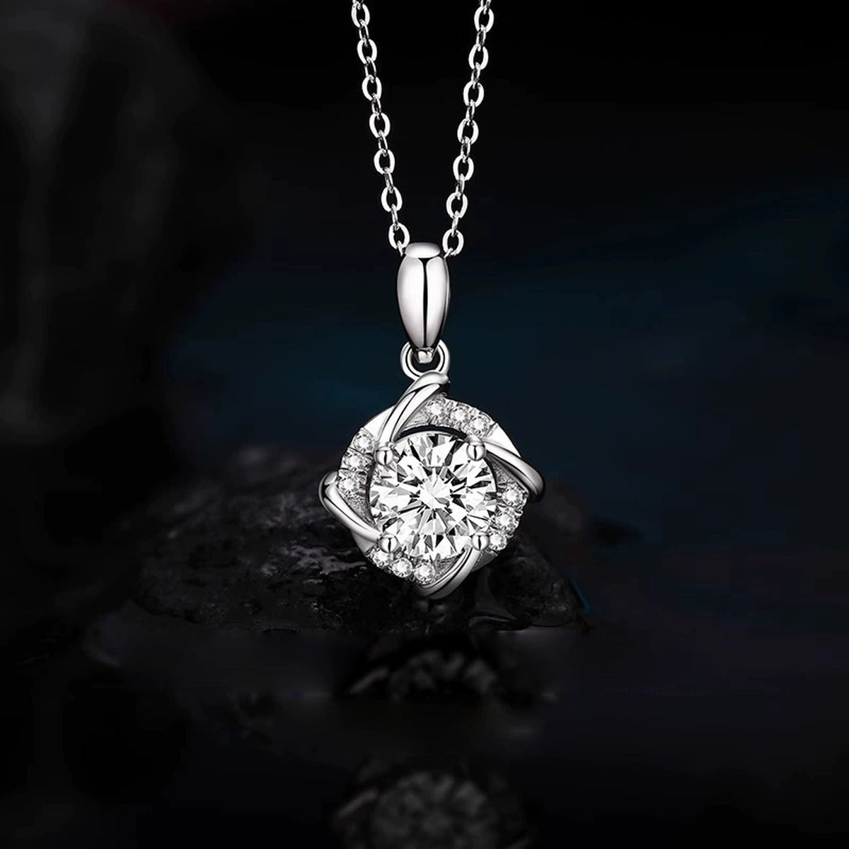 Pinwheel Round Moissanite Necklace with CZ in Gold-Plated S925 sterling silver angled product detail view