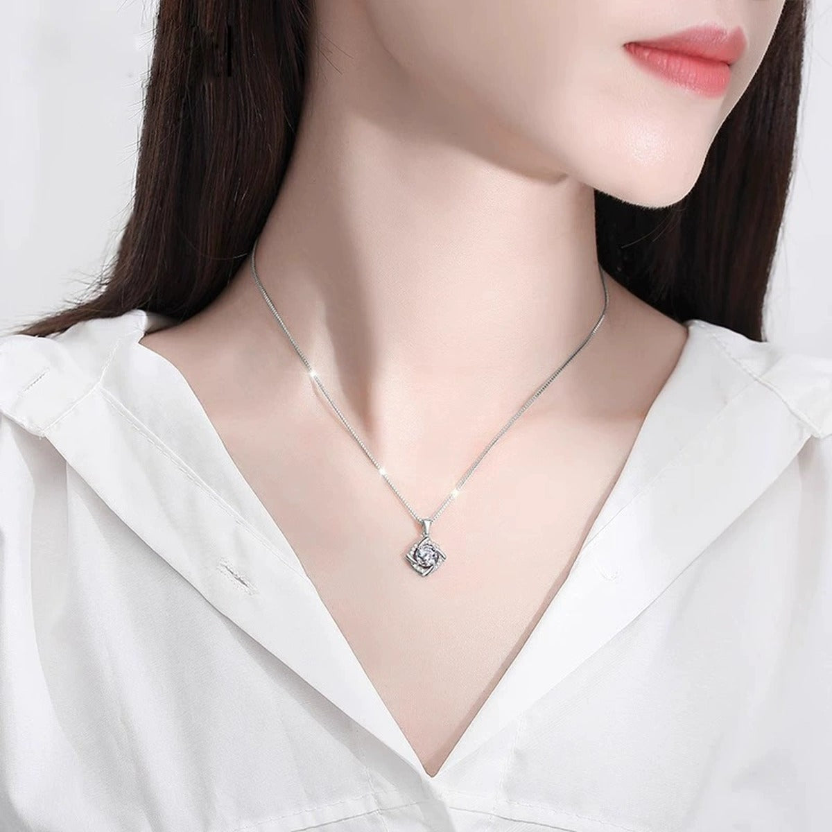Pinwheel Round Moissanite Necklace with CZ in Gold-Plated S925 sterling silver neckline model view showing pendant scale and chain length