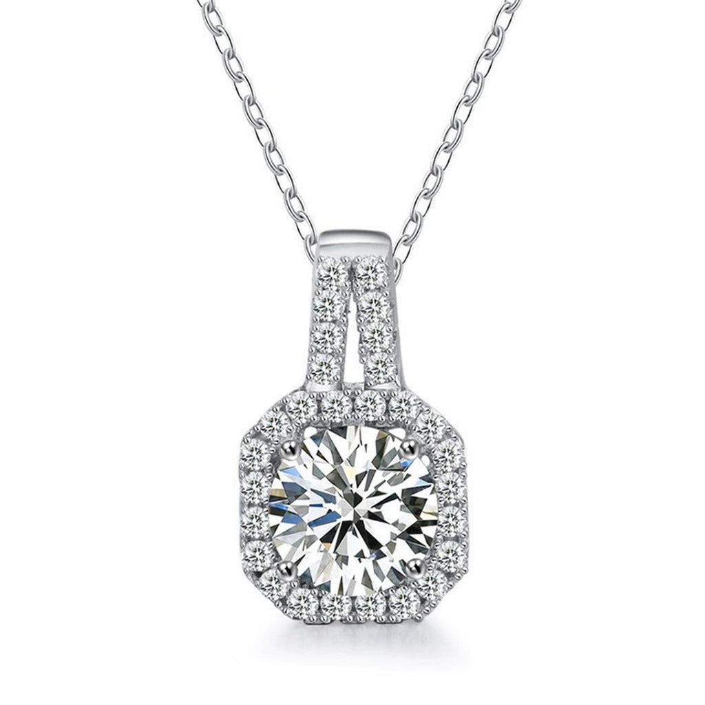 Sugar Cube Round Moissanite Necklace with CZ in White Gold-Plated S925 sterling silver white background product photo showing elongated sugar-cube halo pendant with round moissanite center options