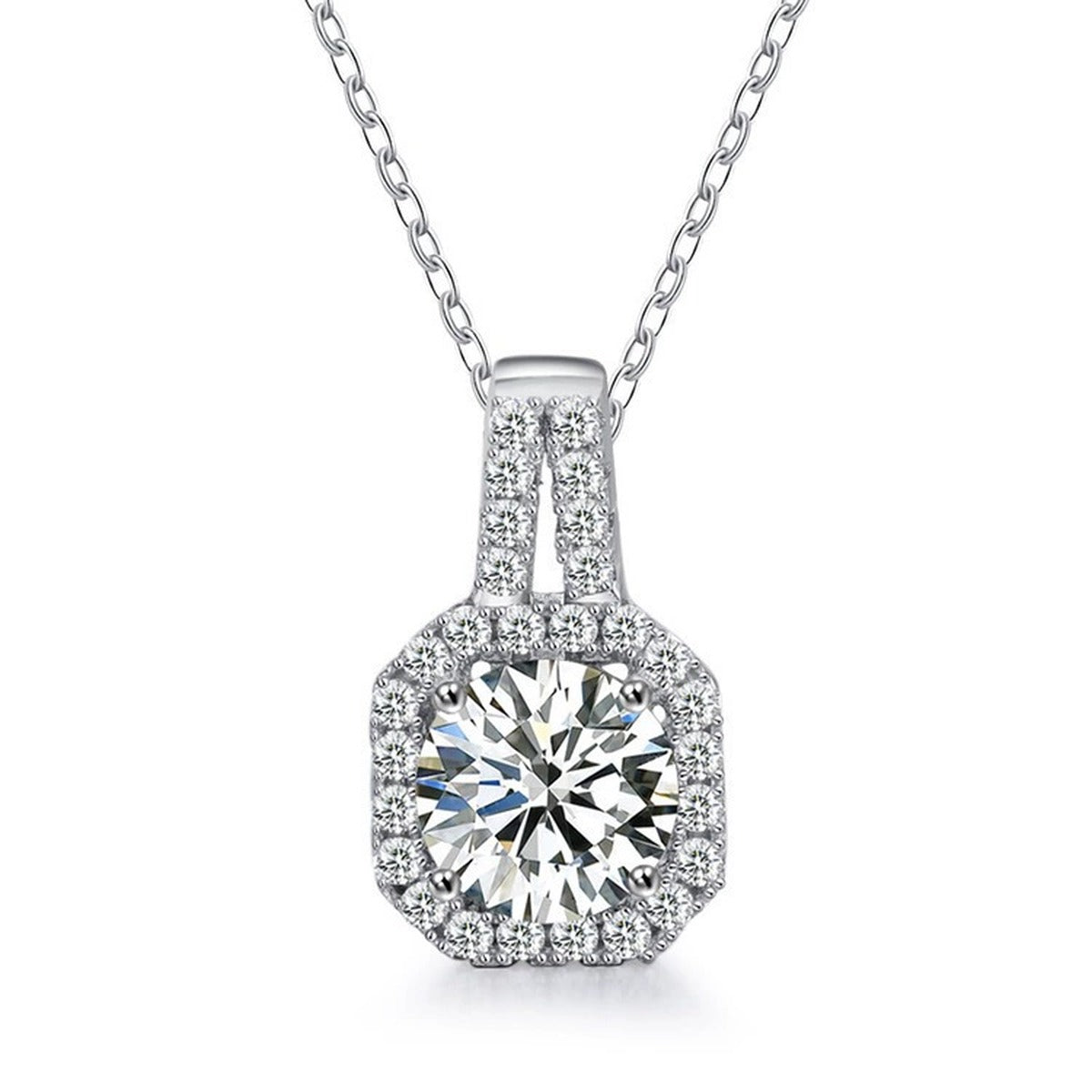 Sugar Cube Round Moissanite Necklace with CZ in White Gold-Plated S925 sterling silver white background product photo showing elongated sugar-cube halo pendant with round moissanite center options