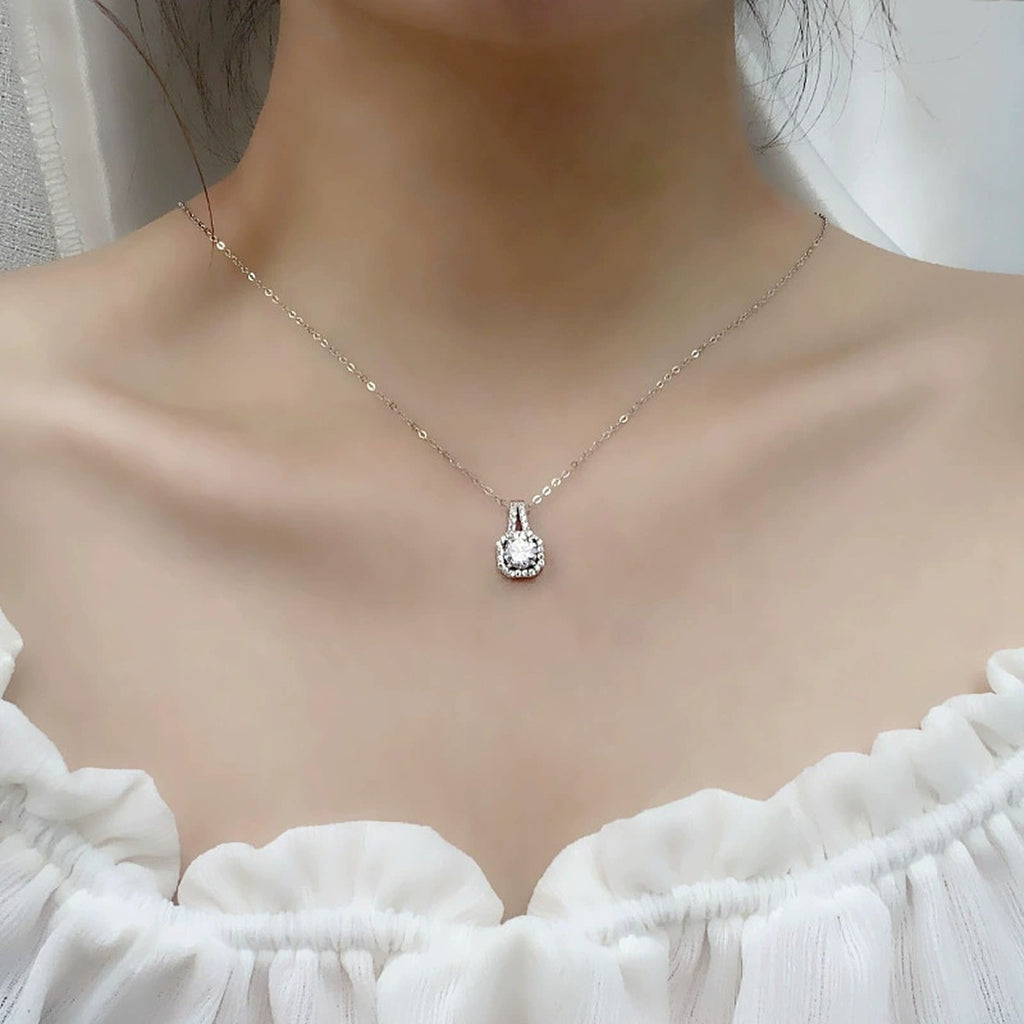 Sugar Cube Round Moissanite Necklace with CZ in White Gold-Plated S925 sterling silver neckline model view showing pendant scale and chain length