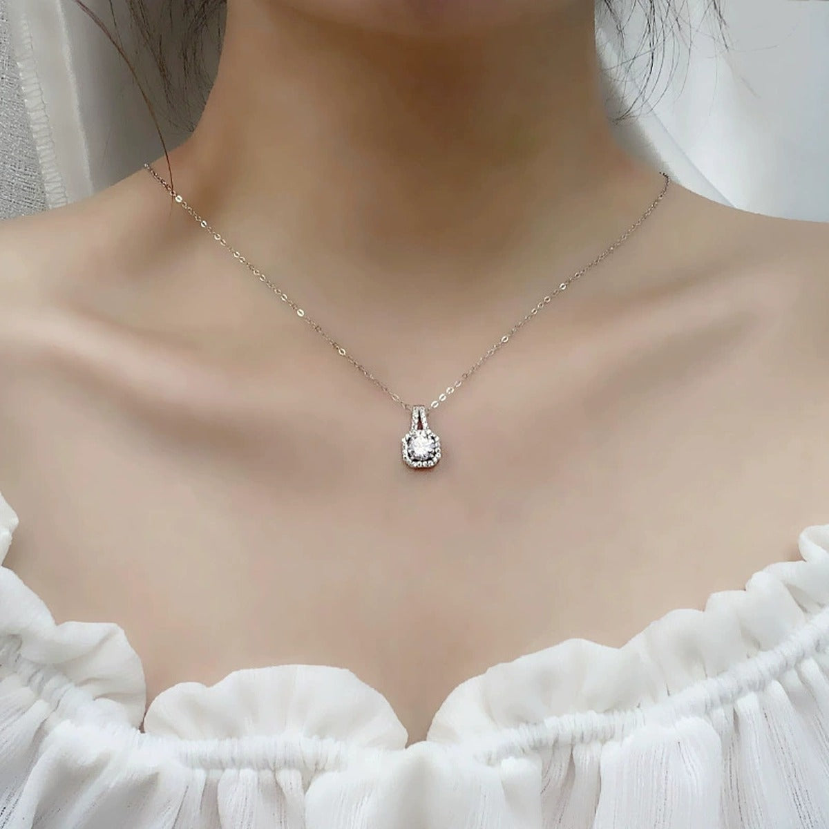 Sugar Cube Round Moissanite Necklace with CZ in White Gold-Plated S925 sterling silver neckline model view showing pendant scale and chain length