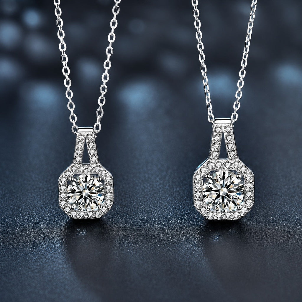 Sugar Cube Round Moissanite Necklace with CZ in White Gold-Plated S925 sterling silver close-up product scene showing pendant setting