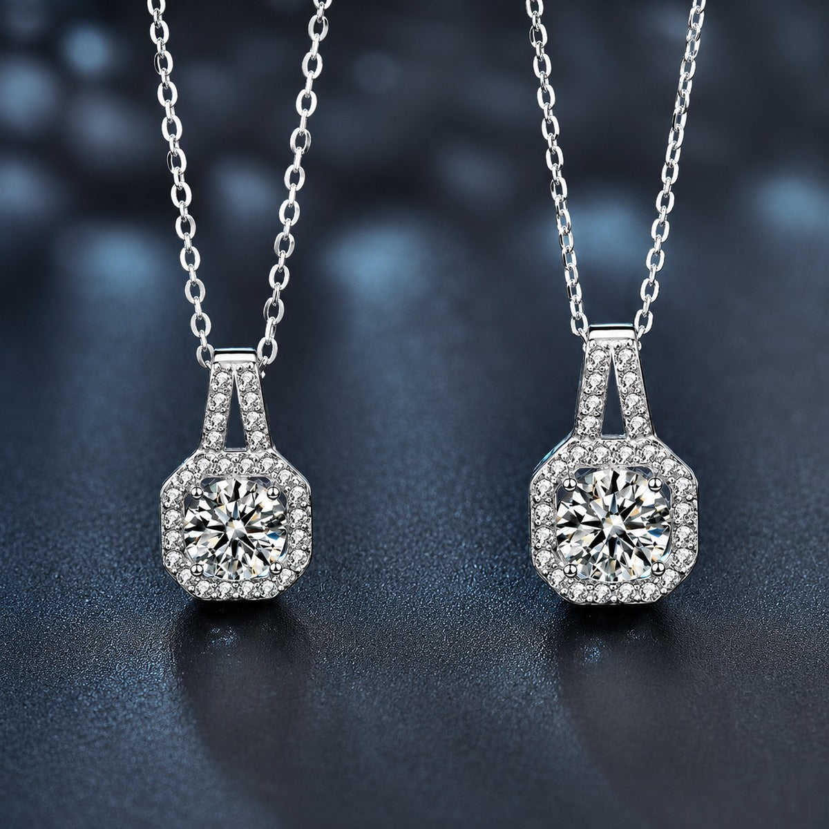 Sugar Cube Round Moissanite Necklace with CZ in White Gold-Plated S925 sterling silver close-up product scene showing pendant setting