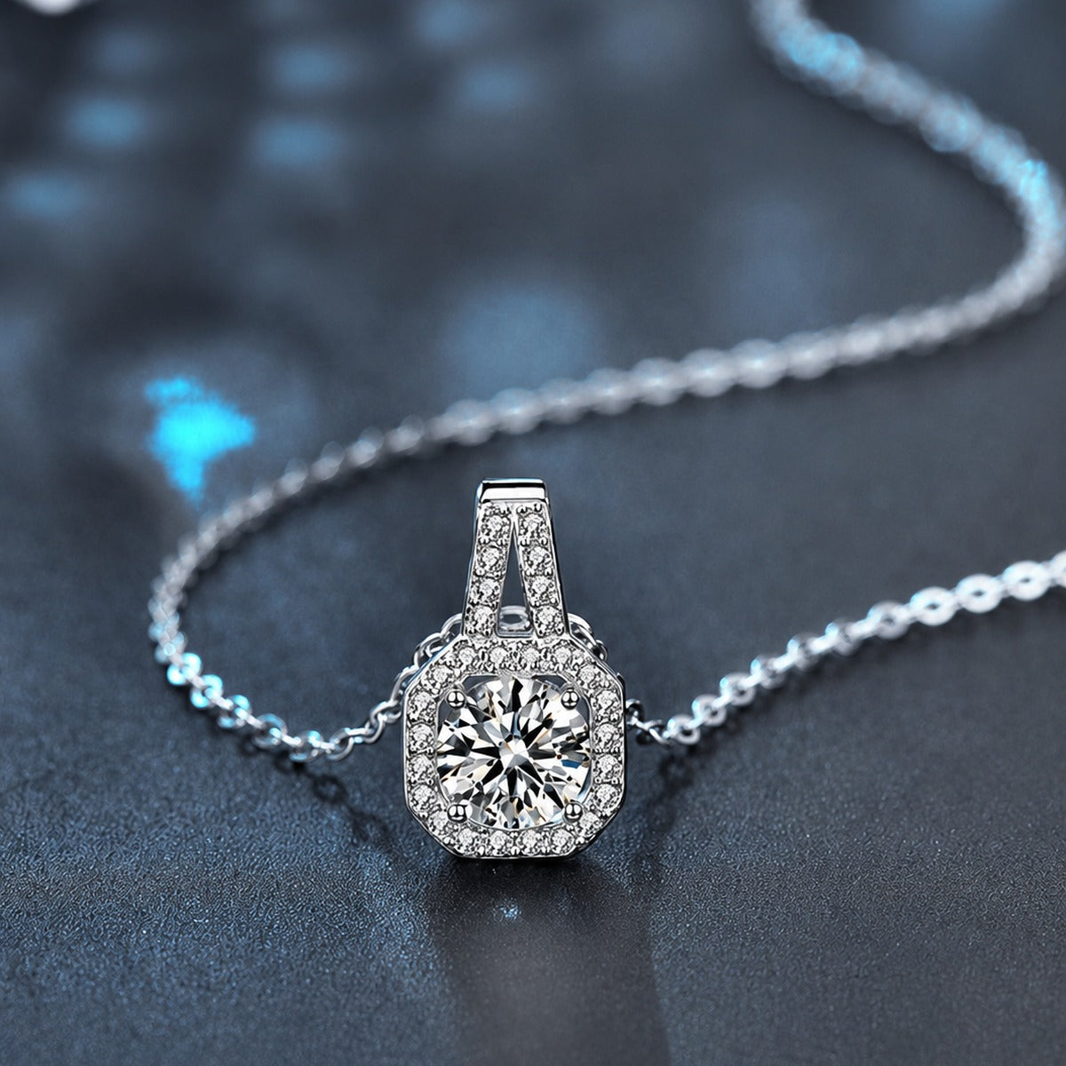 Sugar Cube Round Moissanite Necklace with CZ in White Gold-Plated S925 sterling silver blue display scene showing chain and stone layout