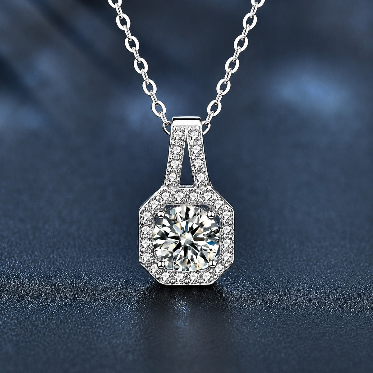 Sugar Cube Round Moissanite Necklace with CZ in White Gold-Plated S925 sterling silver angled product detail view