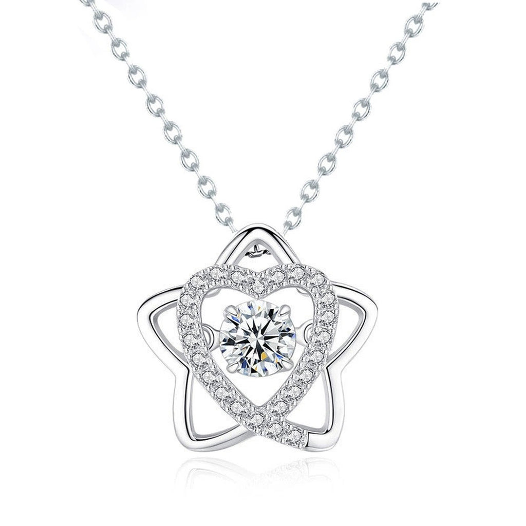 Star Heart Round Moissanite Necklace with CZ in White Gold-Plated S925 sterling silver white background product photo showing five-point star and heart pendant with round moissanite center