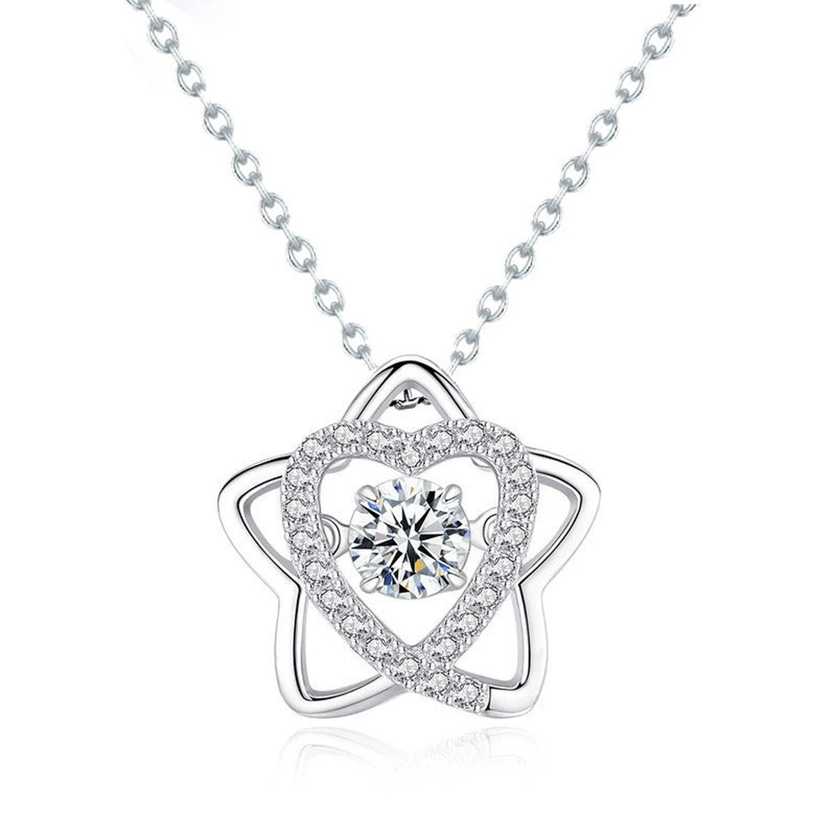 Star Heart Round Moissanite Necklace with CZ in White Gold-Plated S925 sterling silver white background product photo showing five-point star and heart pendant with round moissanite center