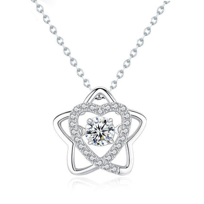 Star Heart Round Moissanite Necklace with CZ in White Gold-Plated S925 sterling silver white background product photo showing five-point star and heart pendant with round moissanite center