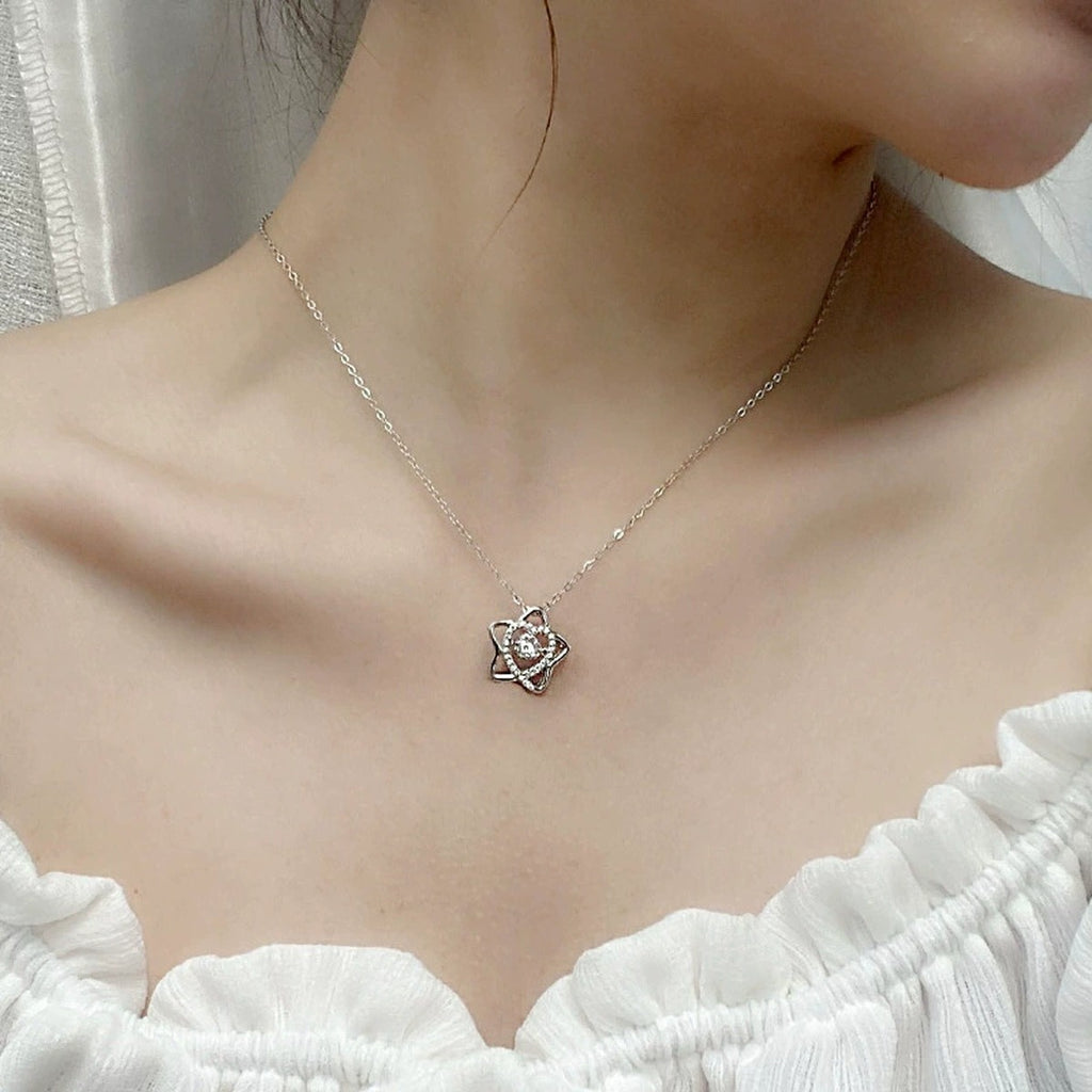 Star Heart Round Moissanite Necklace with CZ in White Gold-Plated S925 sterling silver neckline model view showing pendant scale and chain length