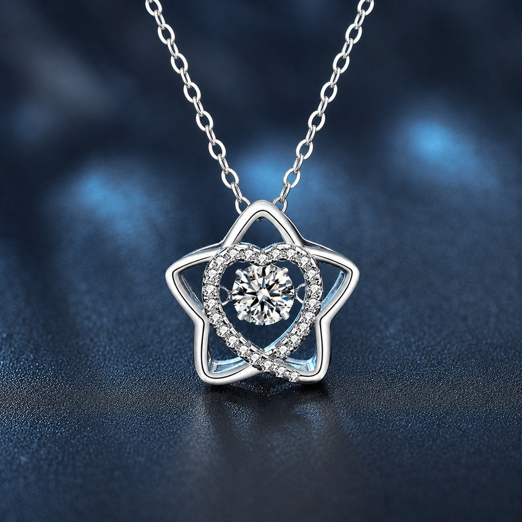 Star Heart Round Moissanite Necklace with CZ in White Gold-Plated S925 sterling silver close-up product scene showing pendant setting