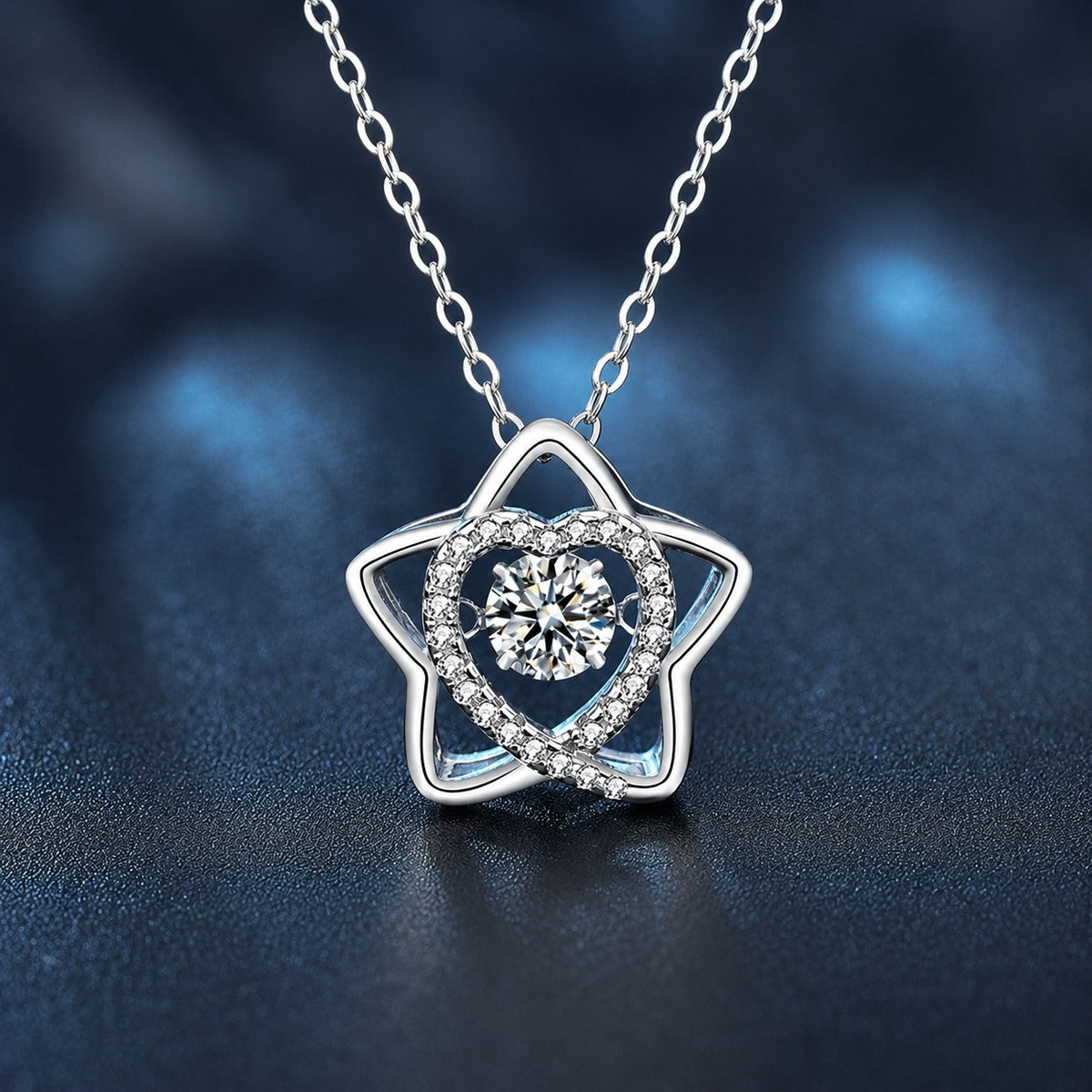 Star Heart Round Moissanite Necklace with CZ in White Gold-Plated S925 sterling silver close-up product scene showing pendant setting