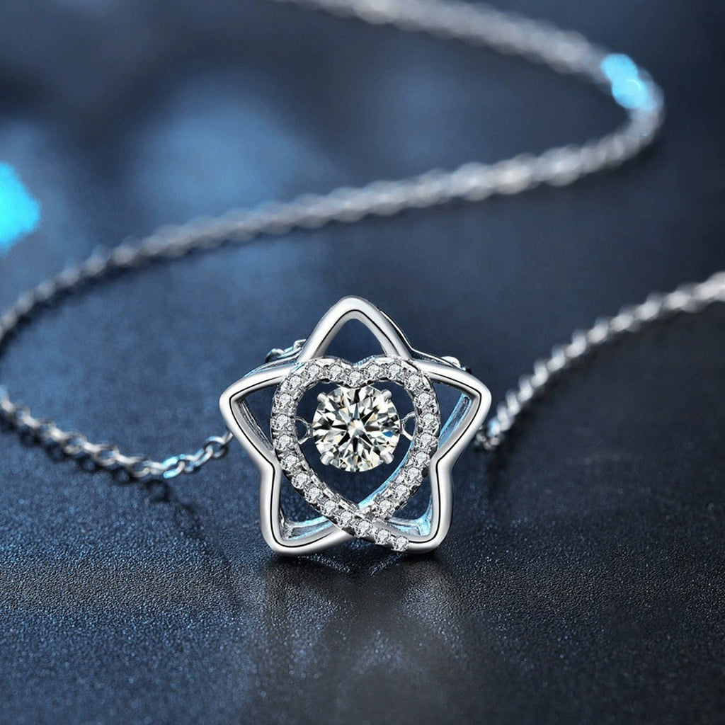 Star Heart Round Moissanite Necklace with CZ in White Gold-Plated S925 sterling silver blue display scene showing chain and stone layout