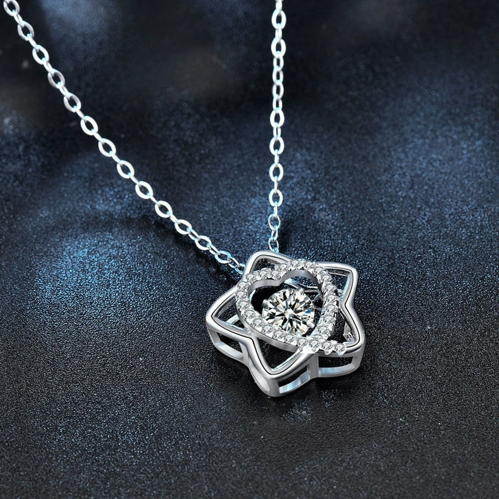 Star Heart Round Moissanite Necklace with CZ in White Gold-Plated S925 sterling silver angled product detail view