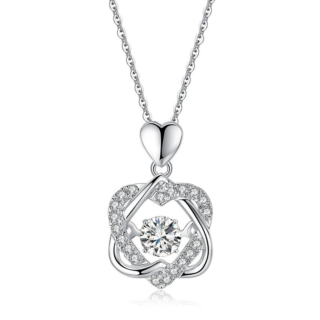 Interlaced Heart Round Moissanite Necklace with CZ in White Gold-Plated S925 sterling silver white background front product view showing interlaced heart and ribbon pendant circling a round moissanite