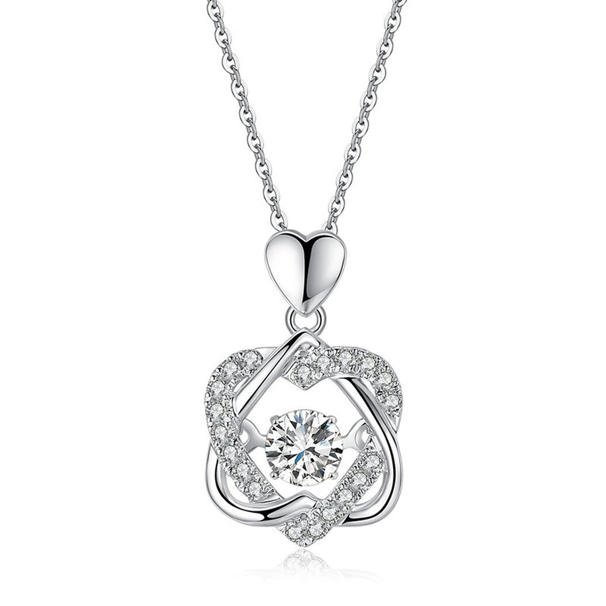Interlaced Heart Round Moissanite Necklace with CZ in White Gold-Plated S925 sterling silver white background front product view showing interlaced heart and ribbon pendant circling a round moissanite