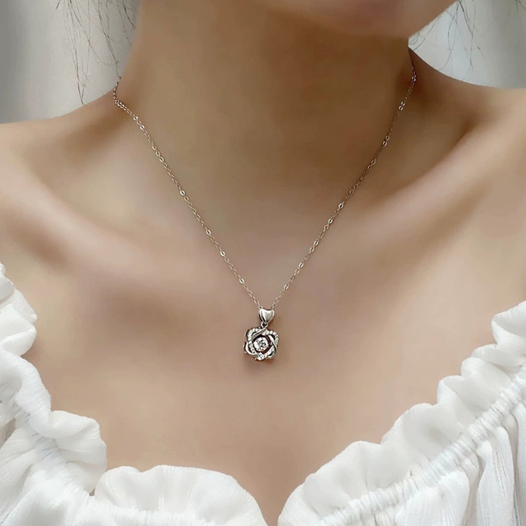 Interlaced Heart Round Moissanite Necklace with CZ in White Gold-Plated S925 sterling silver neckline model view showing pendant scale and chain length