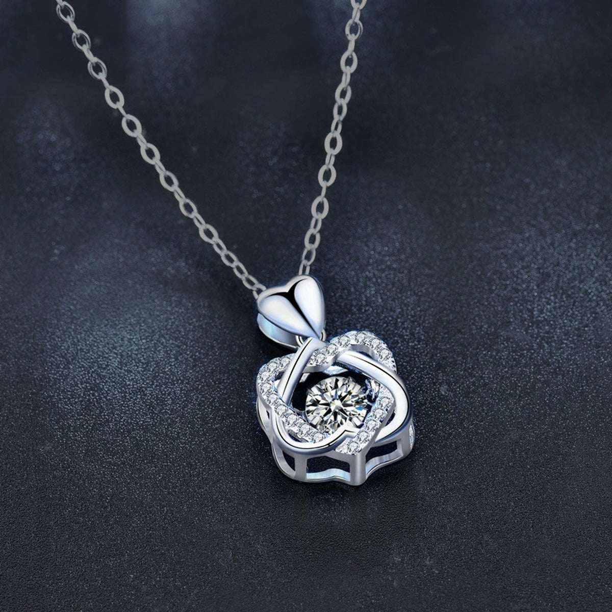 Interlaced Heart Round Moissanite Necklace with CZ in White Gold-Plated S925 sterling silver display scene showing chain and stone layout