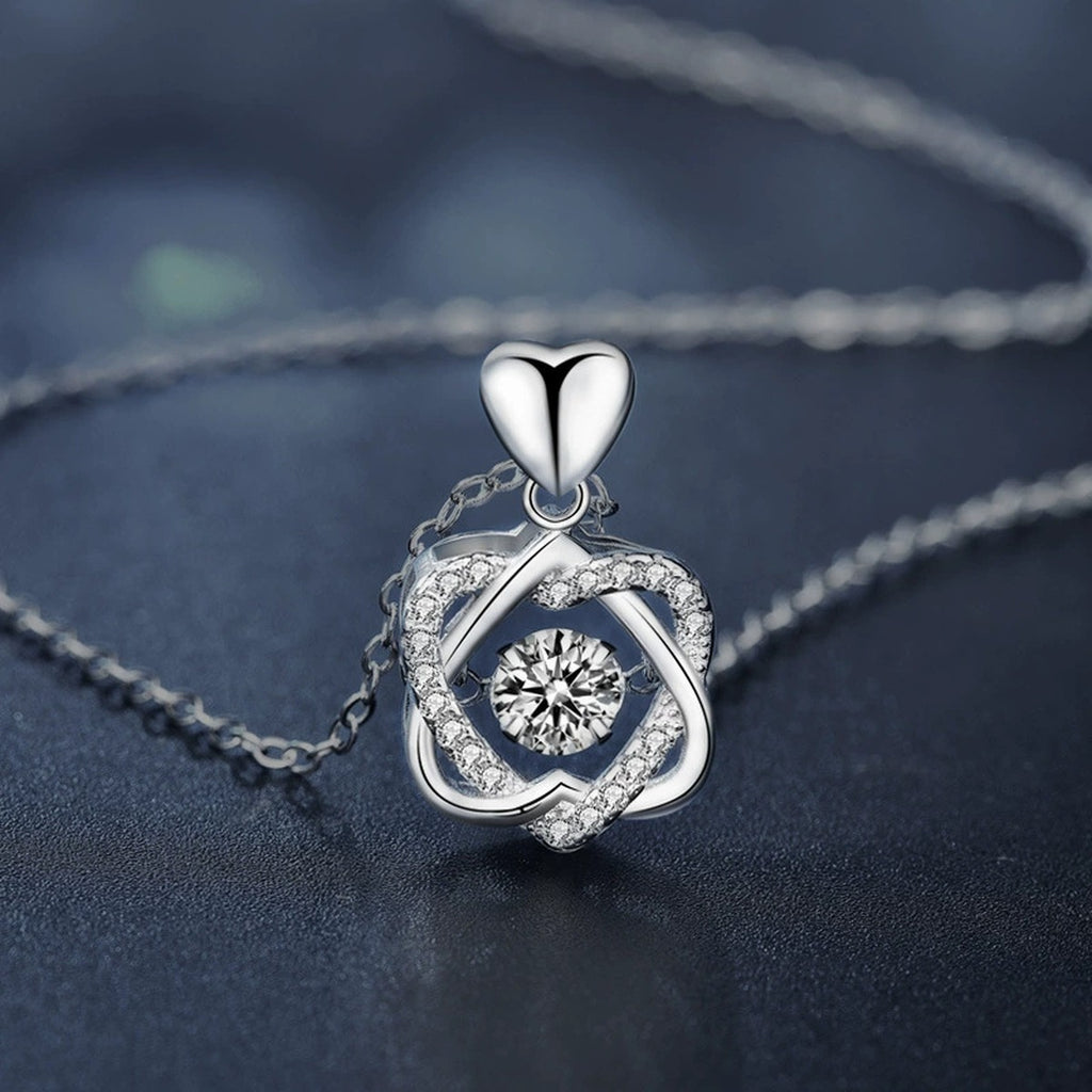 Interlaced Heart Round Moissanite Necklace with CZ in White Gold-Plated S925 sterling silver angled product detail view