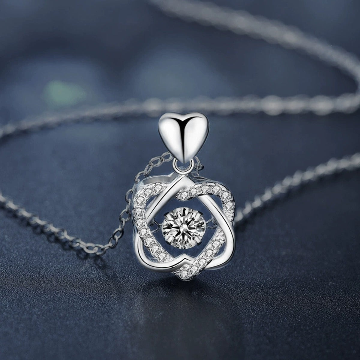 Interlaced Heart Round Moissanite Necklace with CZ in White Gold-Plated S925 sterling silver angled product detail view