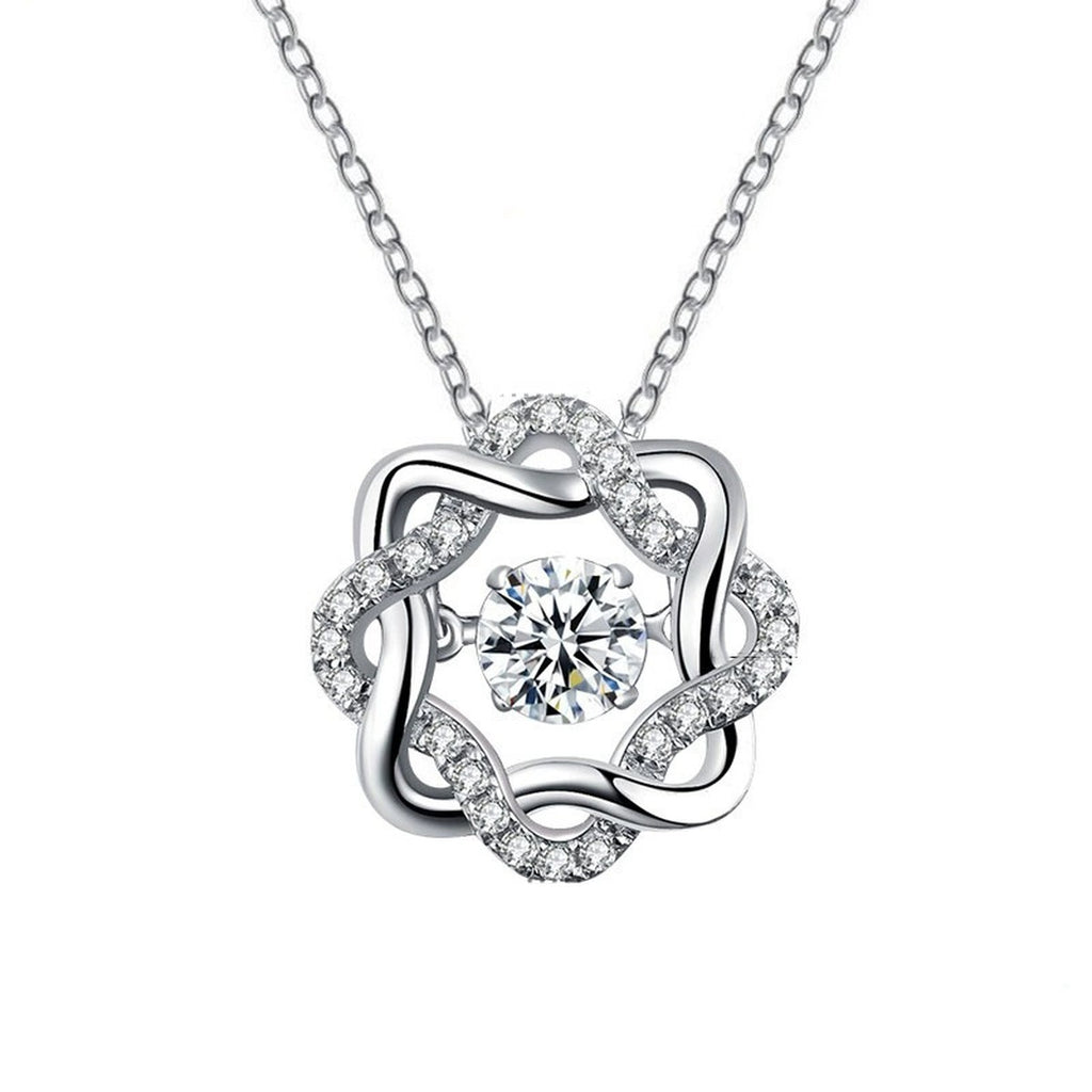 Eight-Petal Star Round Moissanite Necklace with CZ in White Gold-Plated S925 sterling silver white background product photo showing eight-petal star pendant with round moissanite center and CZ frame