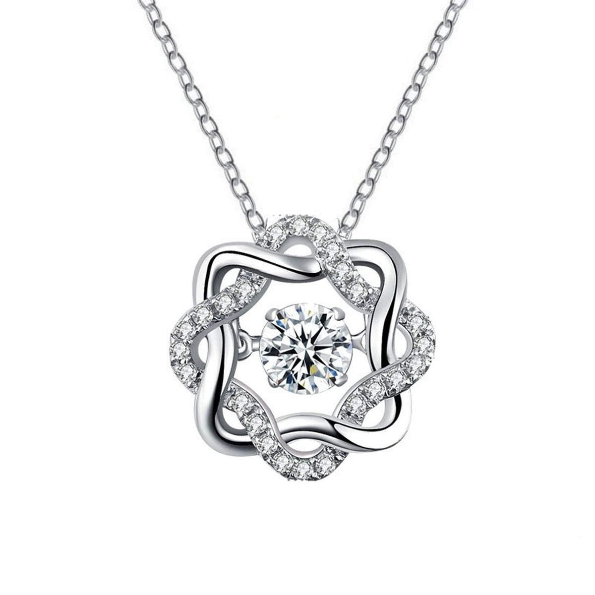 Eight-Petal Star Round Moissanite Necklace with CZ in White Gold-Plated S925 sterling silver white background product photo showing eight-petal star pendant with round moissanite center and CZ frame