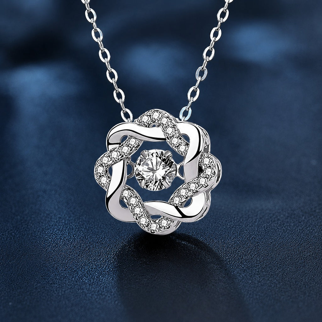 Eight-Petal Star Round Moissanite Necklace with CZ in White Gold-Plated S925 sterling silver close-up product scene showing pendant setting