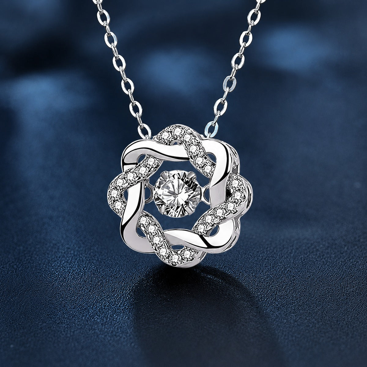 Eight-Petal Star Round Moissanite Necklace with CZ in White Gold-Plated S925 sterling silver close-up product scene showing pendant setting