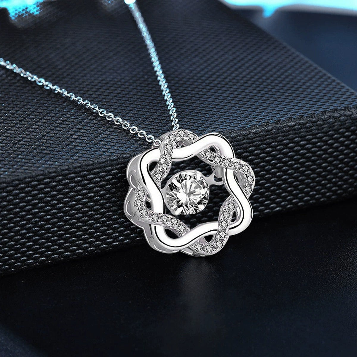 Eight-Petal Star Round Moissanite Necklace with CZ in White Gold-Plated S925 sterling silver angled product detail view
